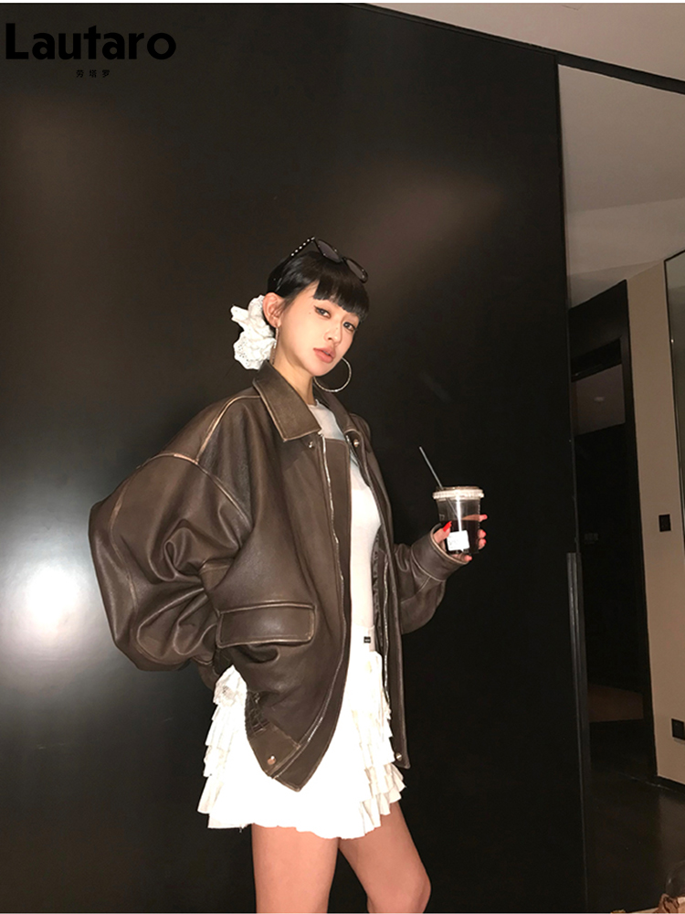 Vintage Fashion Runway - Lautaro 春秋クールハンサムレトロ特大ユーズド加工ブラウンソフトフェイクレザージャケット女性のためのジッパー滑走路ファッション