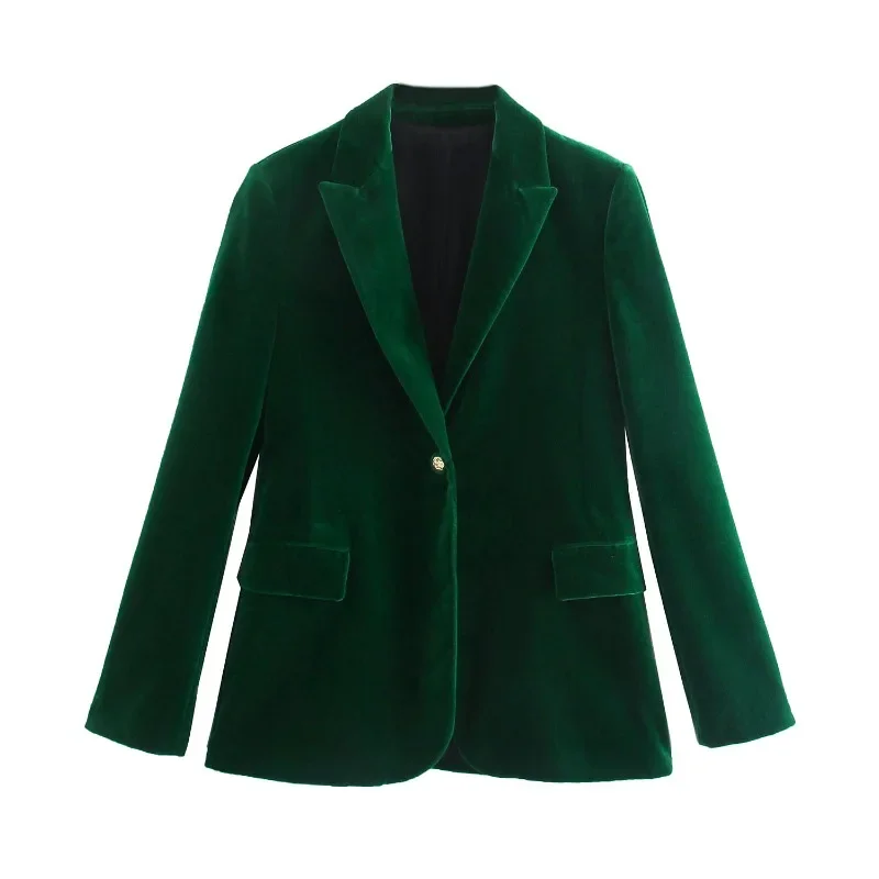 Velvet Blazer Vintage - エレガントなベルベットの女性ブレザーファッションオフィスウェアボタンアップ長袖ポケットヴィンテージブレザーグリーン女性衣装