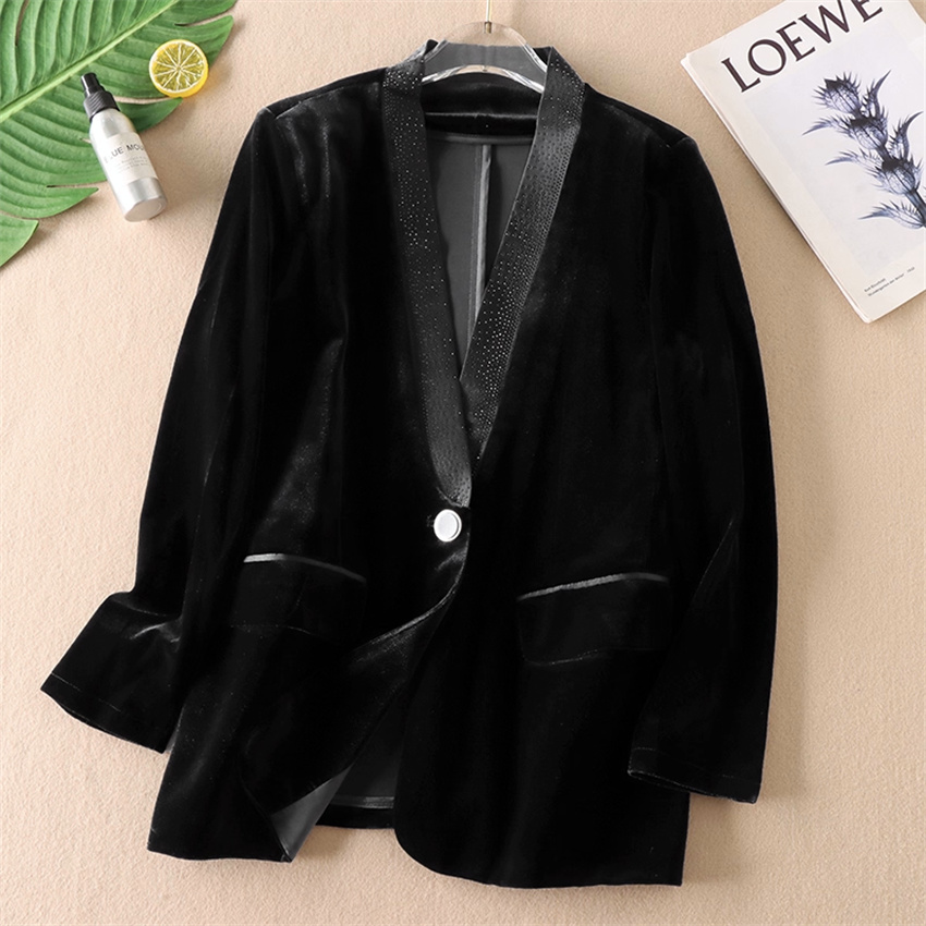 Velvet Blazer Vintage - 秋冬ビッグサイズヴィンテージ女性ゴールドベルベットブレザーフォーマルスーツジャケットルーズレディブラックラインストーンVネックブレザーコートWZ2516