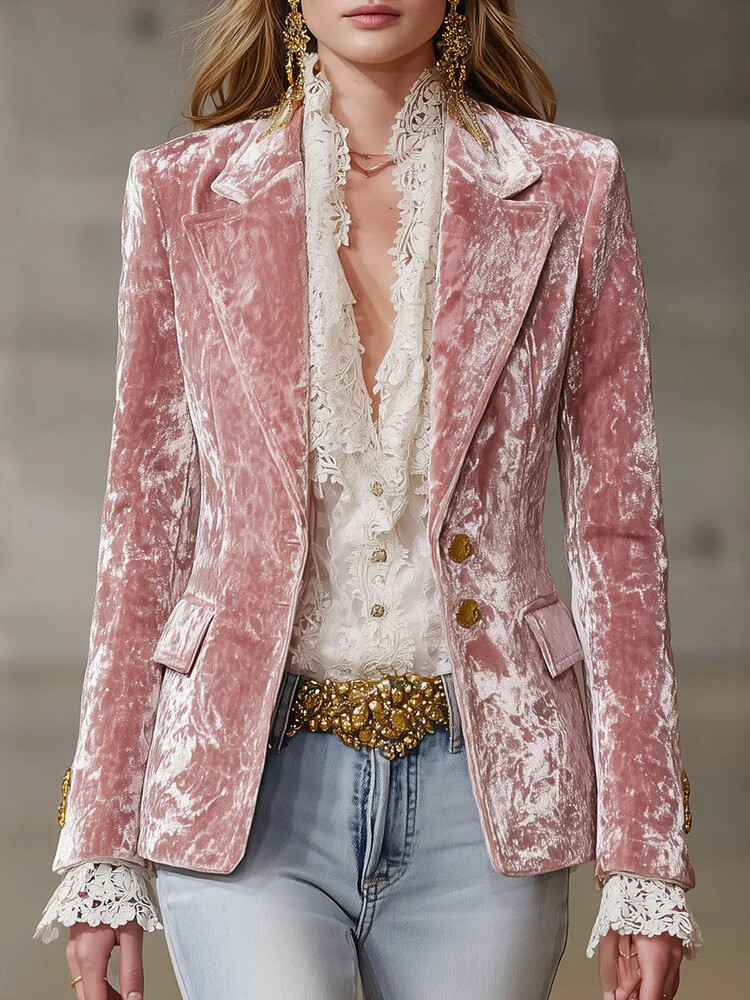 Velvet Blazer Vintage - エレガントなベルベットブレザー女性のためのシングルブレストラペル女性ブレザージャケットスリムフィットソリッドジャカードアウターコート秋冬