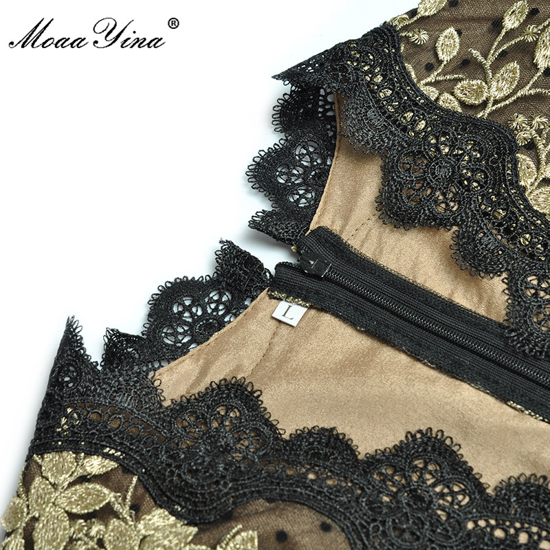 Vintage Fashion Runway - MoaaYina 滑走路ファッション秋パーティードレス女性のセクシーなレース V ネック刺繍ヴィンテージ水玉メッシュロングドレス