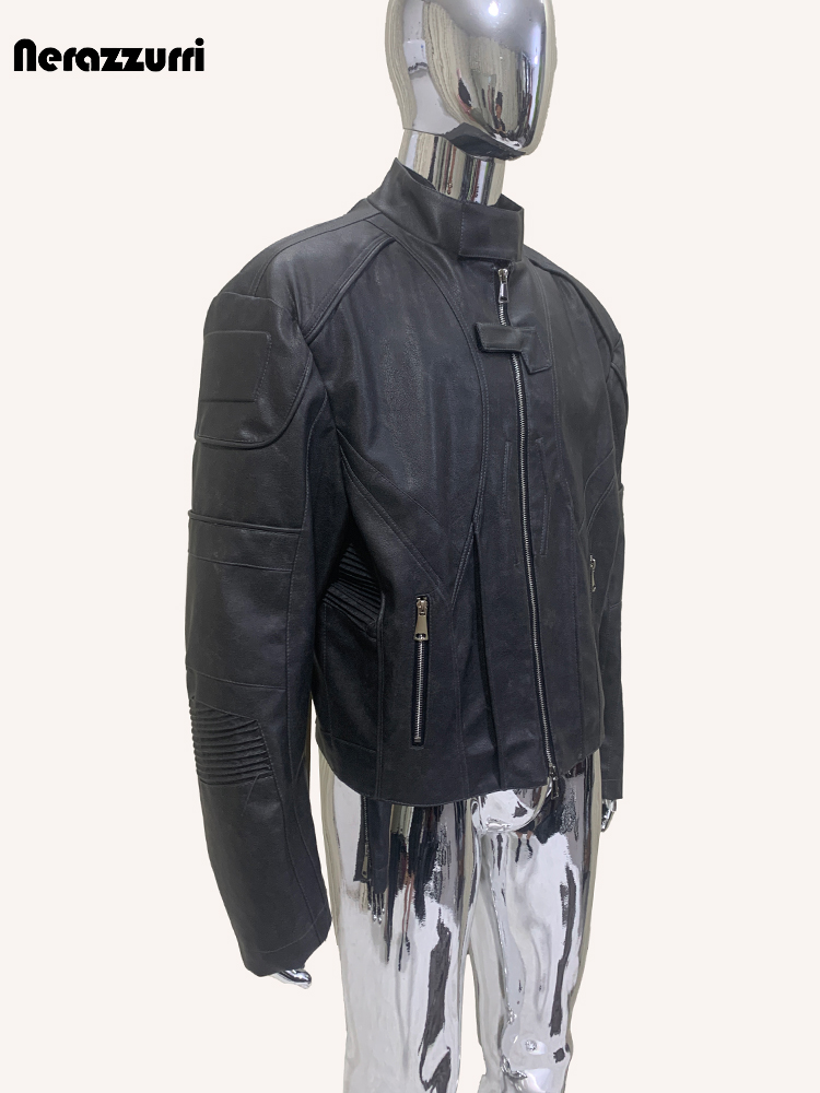 Vintage Fashion Runway - ネラッズーリ秋ショート丈ダメージ加工ブラックPUレザージャケットメンズ高級デザイナーズアメリカンヴィンテージメンズウェアランウェイファッション