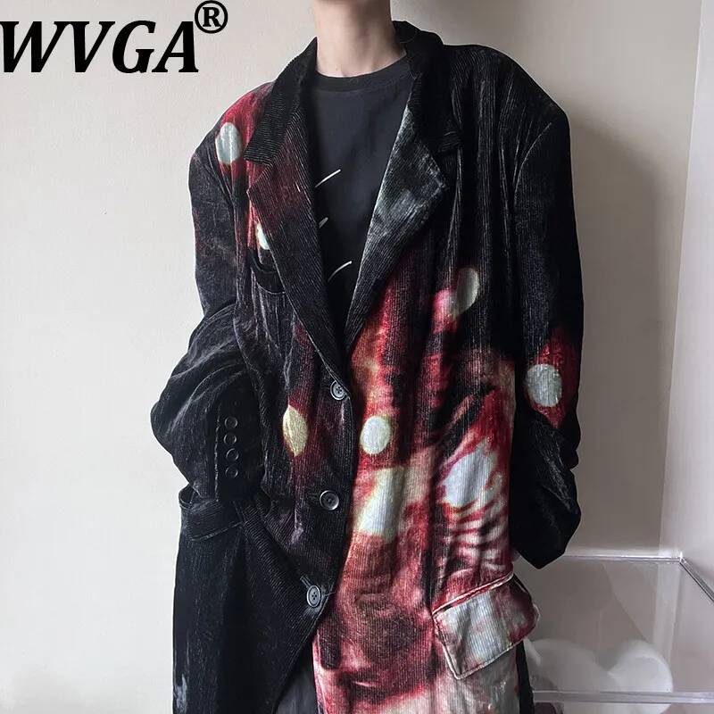 Velvet Blazer Vintage - WVGA 春秋の新メンズダークウェアプリントベルベットトレンディなロングトレンチコートニッチシックカジュアルターンダウンカラージャケットイン W24579