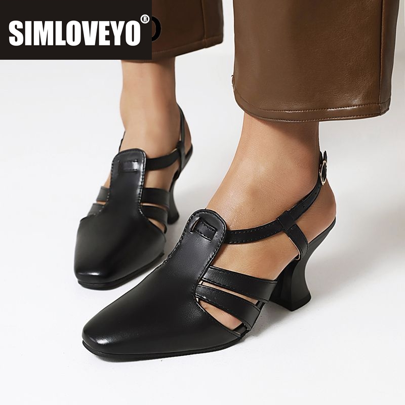Vintage Fashion Female - SIMLOVEYO 2025 ファッションデイリーサンダル レディース スクエアトゥ ハイヒール