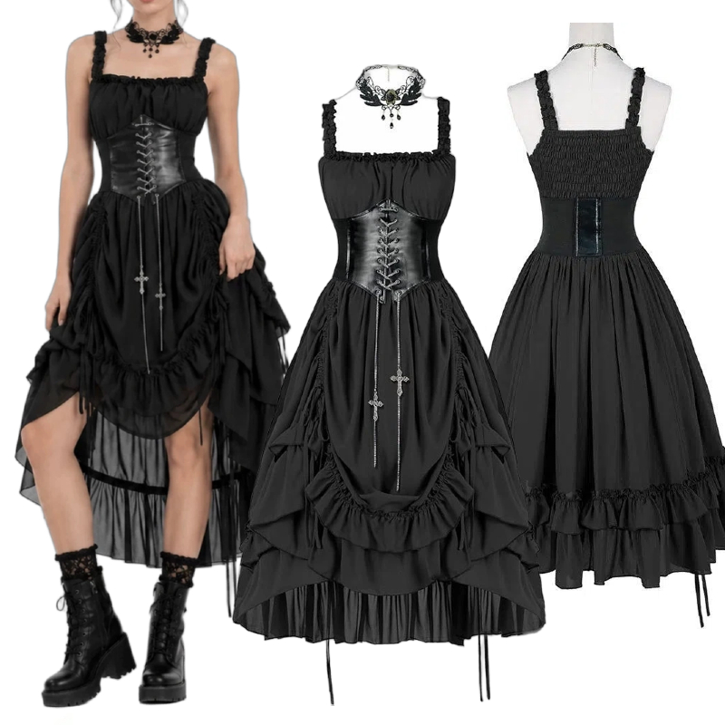 Vintage Slip Dress - 女性ゴシックドレスコルセットスリップブラックパンクロリータ不規則なフリルミディドレスヴィンテージパーティーイブニング Vestidos ハロウィンコスチューム