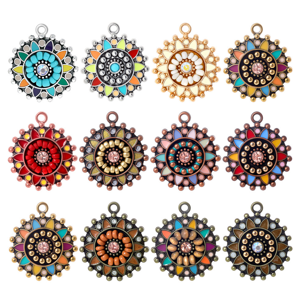 Vintage Fashion Earrings - ヴィンテージボヘミアエスニックエナメルラウンドチャームペンダント DIY ジュエリー作成用女性レディースイヤリングネックレスアクセサリーパーツ