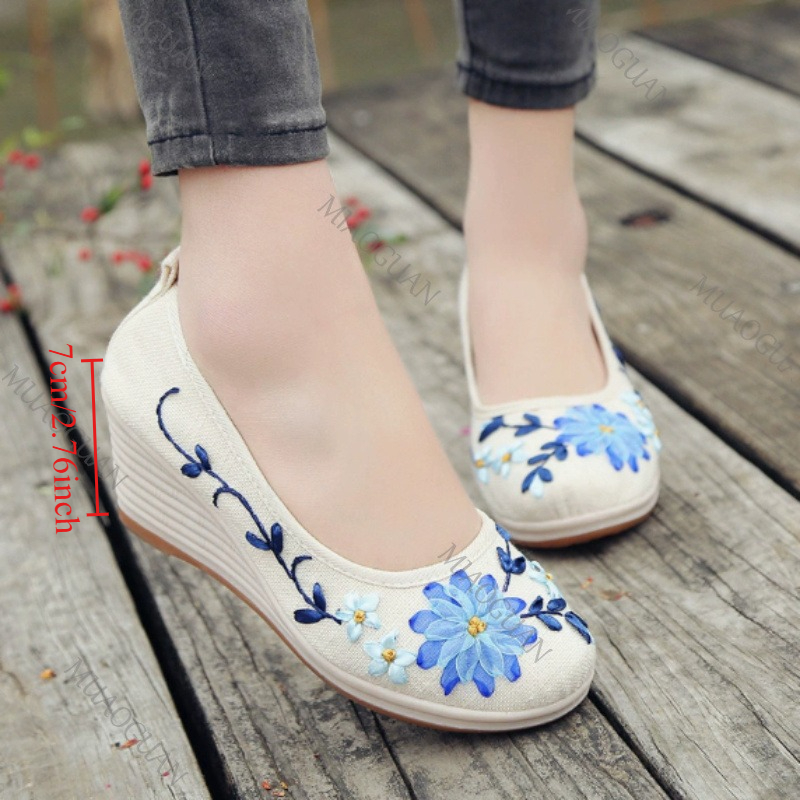 Vintage Fashion Female - 刺繍入り女性用コンフォートウェッジプラットフォームシューズ、ファッションボウノットレディースハイヒールパンプス、ヴィンテージエスニック女性用ヒール付きフットウェア