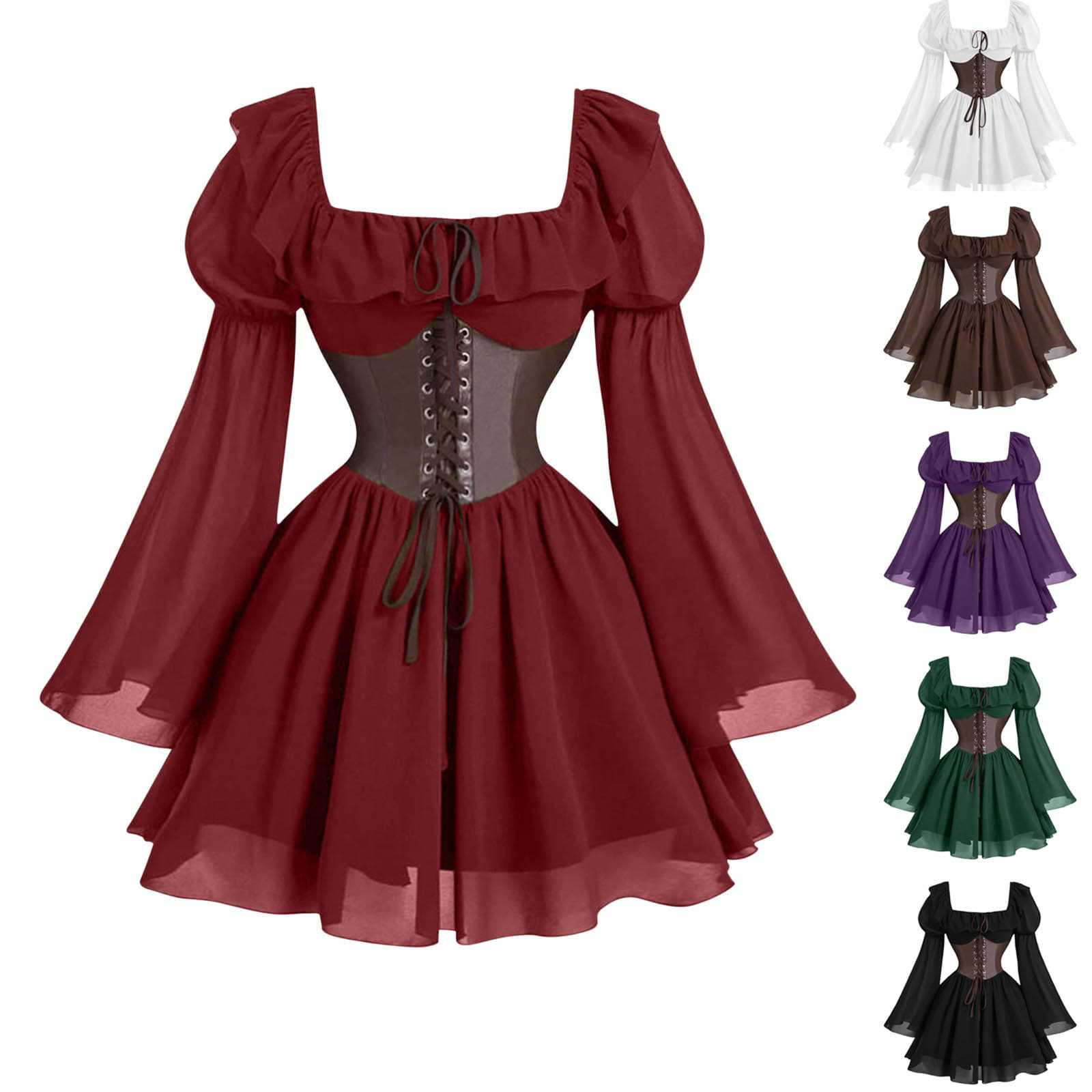 Vintage Victorian Fashion - ルネサンス中世風長袖パフスリーブドレス ハロウィンカーニバルパーティー ウエストマーク付き宮廷風ファッション レトロビクトリア朝ドレス