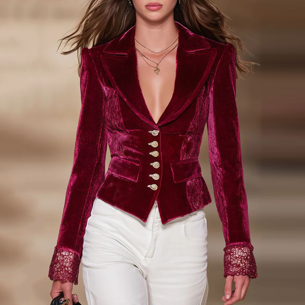 女性のエレガントなベルベットブレザーバーガンディシングルブレ - Velvet Blazer Vintage のレビューと価格