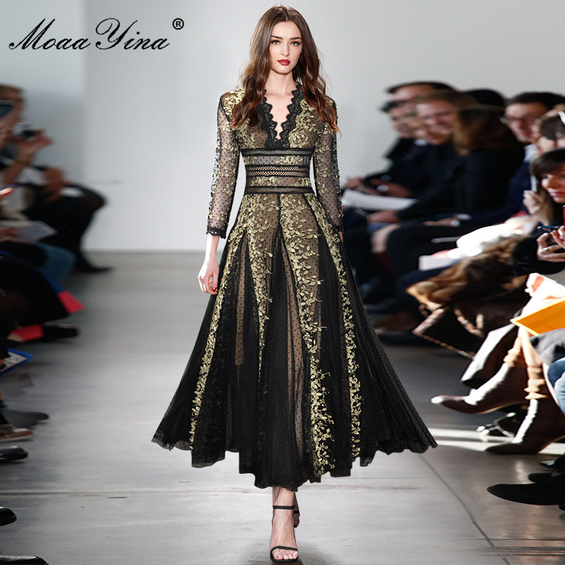 MoaaYina 滑走路ファッション秋パーティードレス女性の - Vintage Fashion Runway のレビューと価格