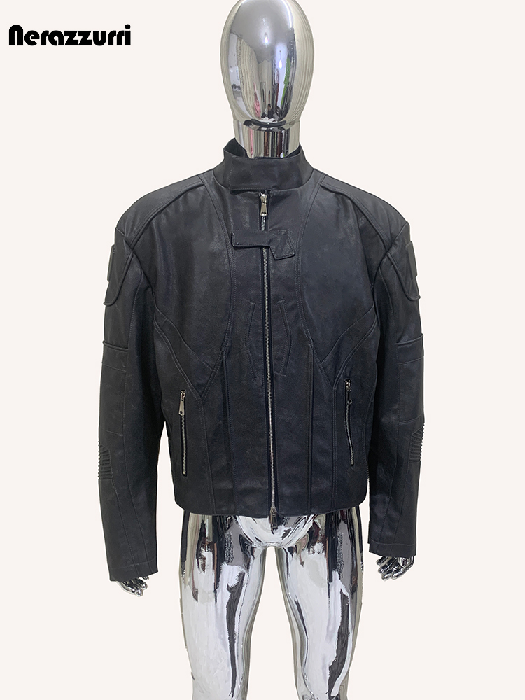 ネラッズーリ秋ショート丈ダメージ加工ブラックPUレザージャケ - Vintage Fashion Runway のレビューと価格