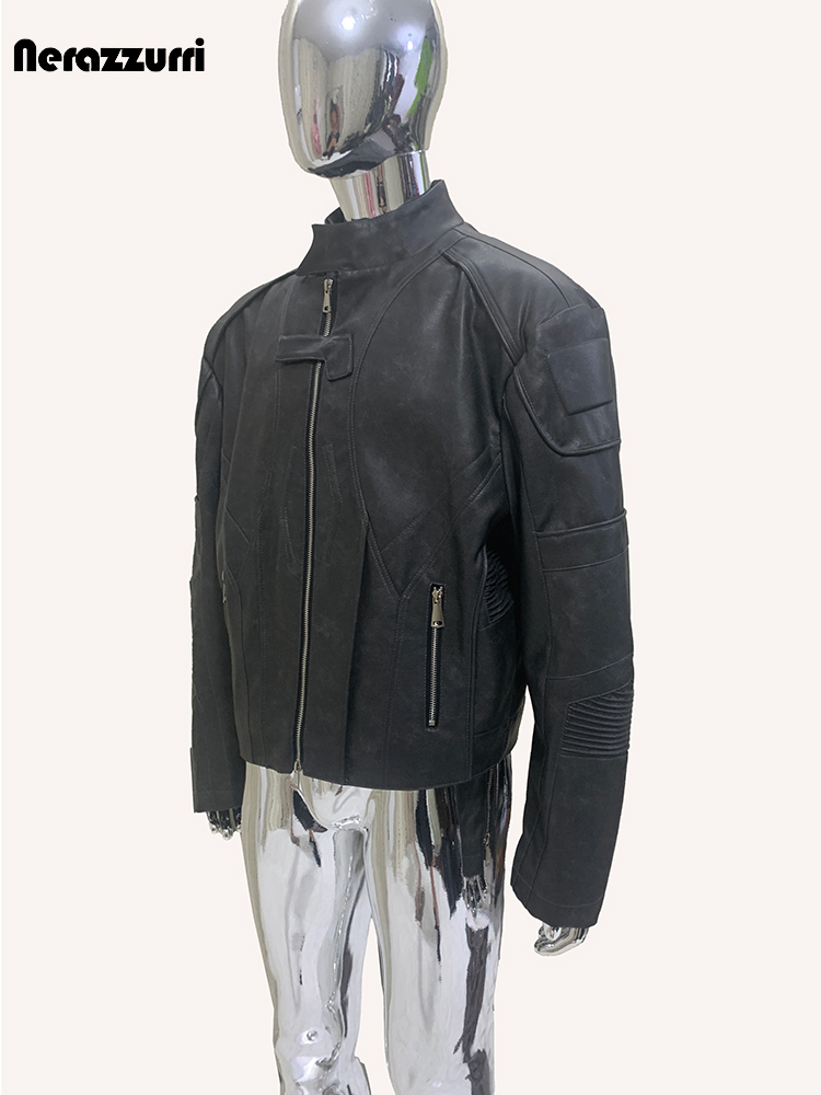 ネラッズーリ秋ショート丈ダメージ加工ブラックPUレザージャケ - Vintage Fashion Runway のレビューと価格