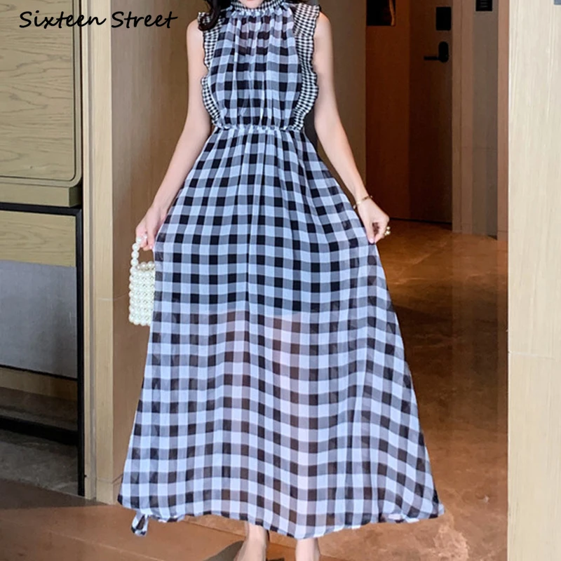 チェック柄ノースリーブドレス女性のための O ネックハイウエ - Vintage Fashion Runway のレビューと価格