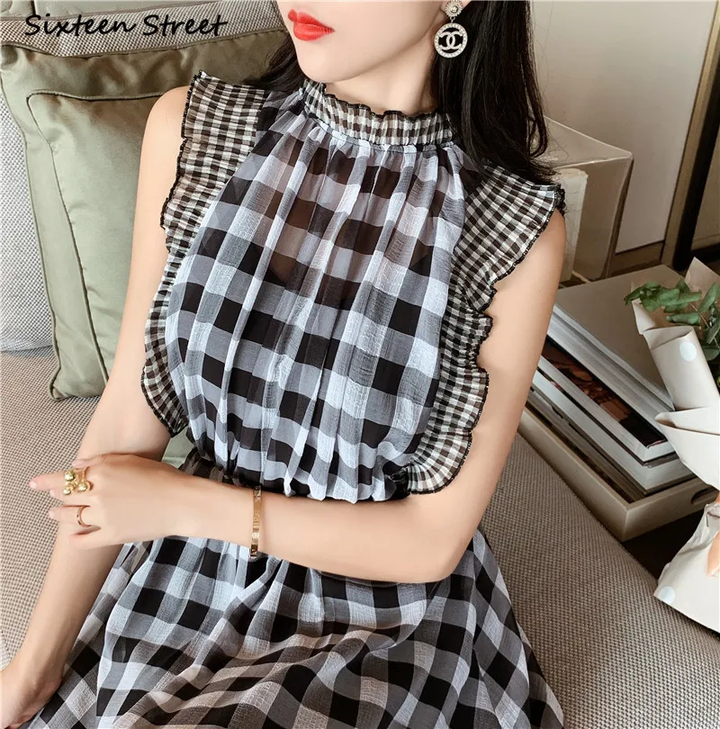 チェック柄ノースリーブドレス女性のための O ネックハイウエ - Vintage Fashion Runway のレビューと価格