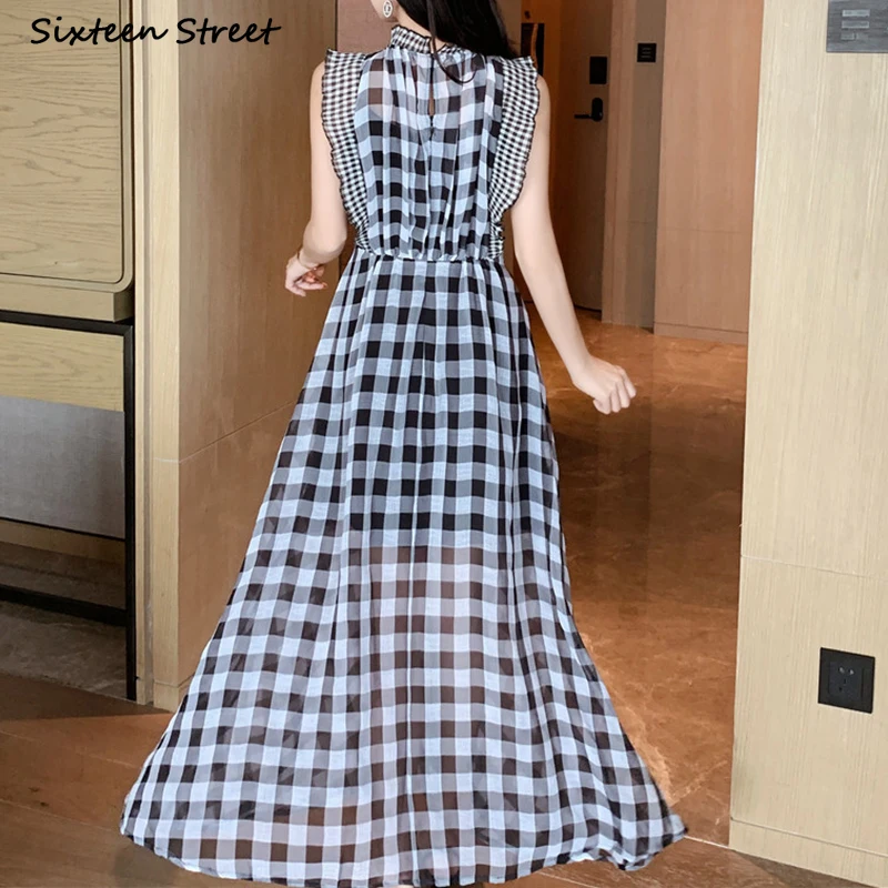 チェック柄ノースリーブドレス女性のための O ネックハイウエ - Vintage Fashion Runway のレビューと価格