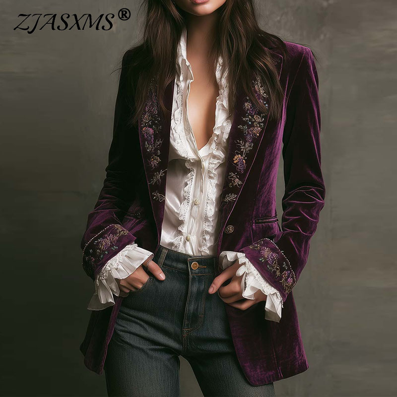 新しい女性の冬のコートやジャケットヴィンテージ花柄プリントラ - Velvet Blazer Vintage のレビューと価格