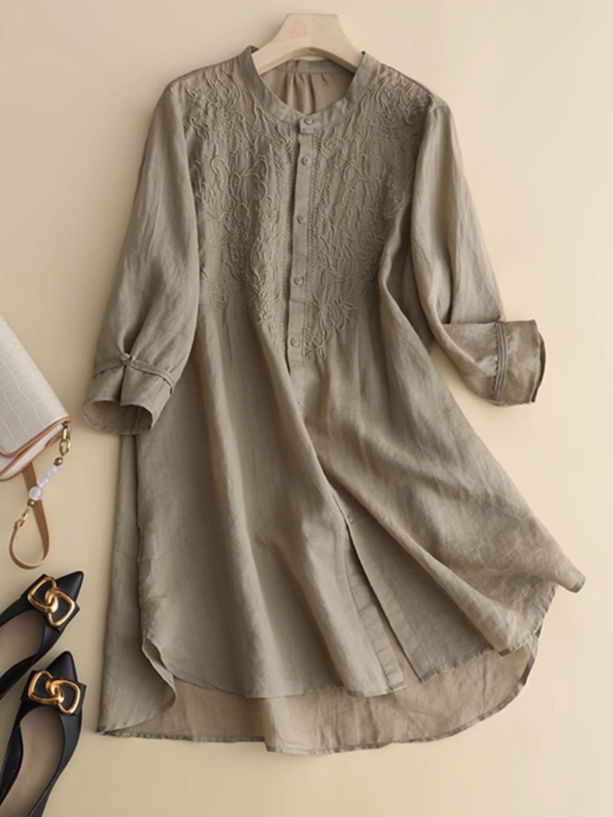 女性用コットンリネン刺繍シャツ,ミッドレングス,スタンドカラ - Vintage Victorian Fashion のレビューと価格