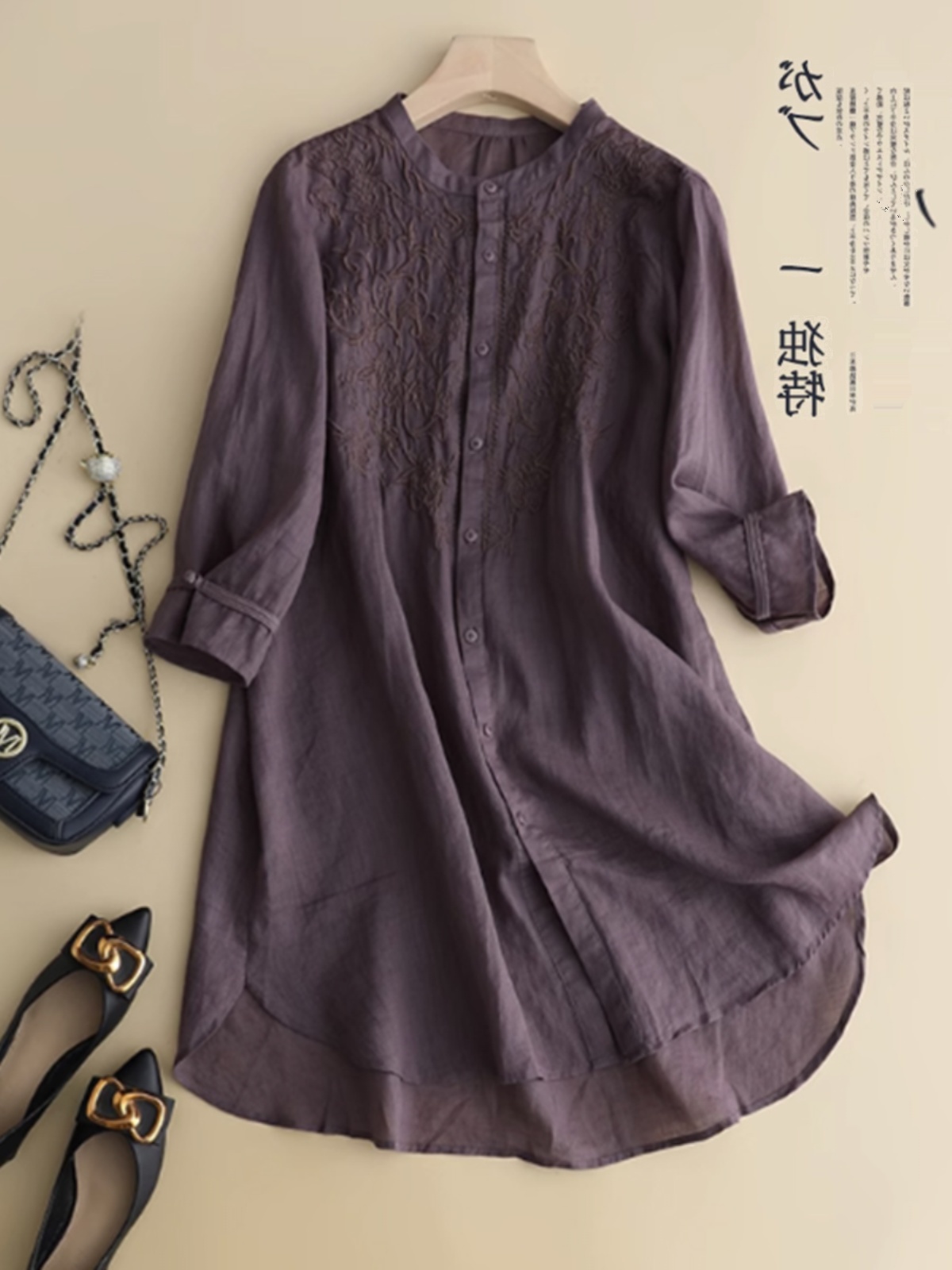 女性用コットンリネン刺繍シャツ,ミッドレングス,スタンドカラ - Vintage Victorian Fashion のレビューと価格