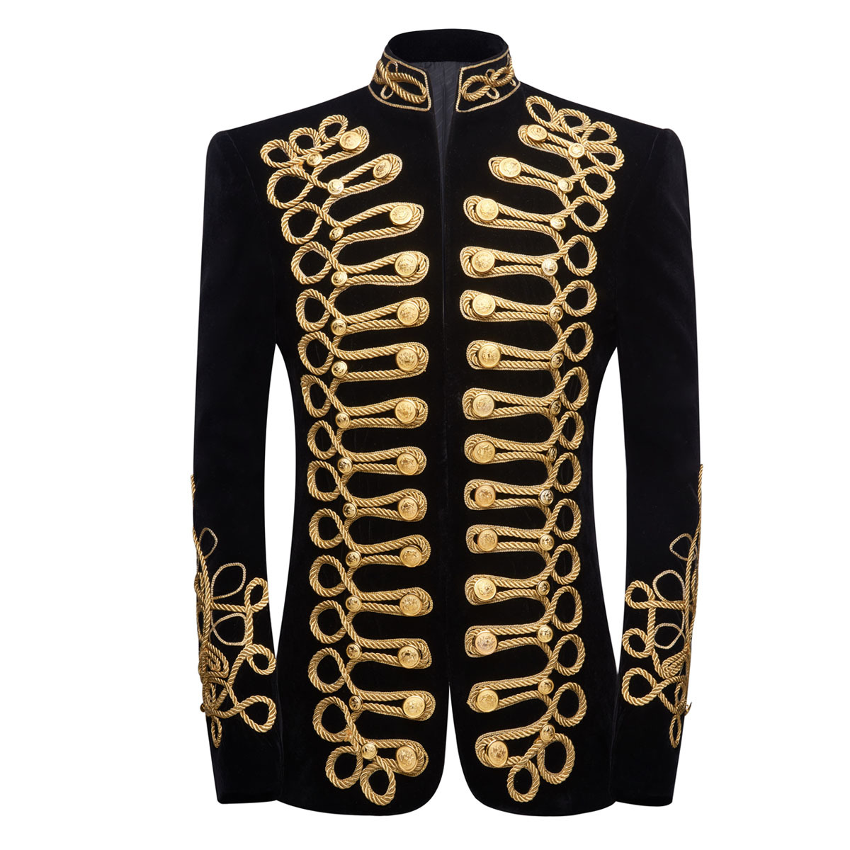 メンズスタンドカラーゴールドブラック刺繍ベルベットスーツジャ - Velvet Blazer Vintage のレビューと価格